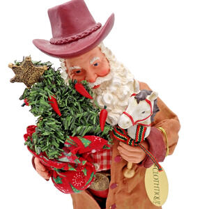 Possible Dreams Clothtique Western Cowboy Santa holding Chili Pepper Tree